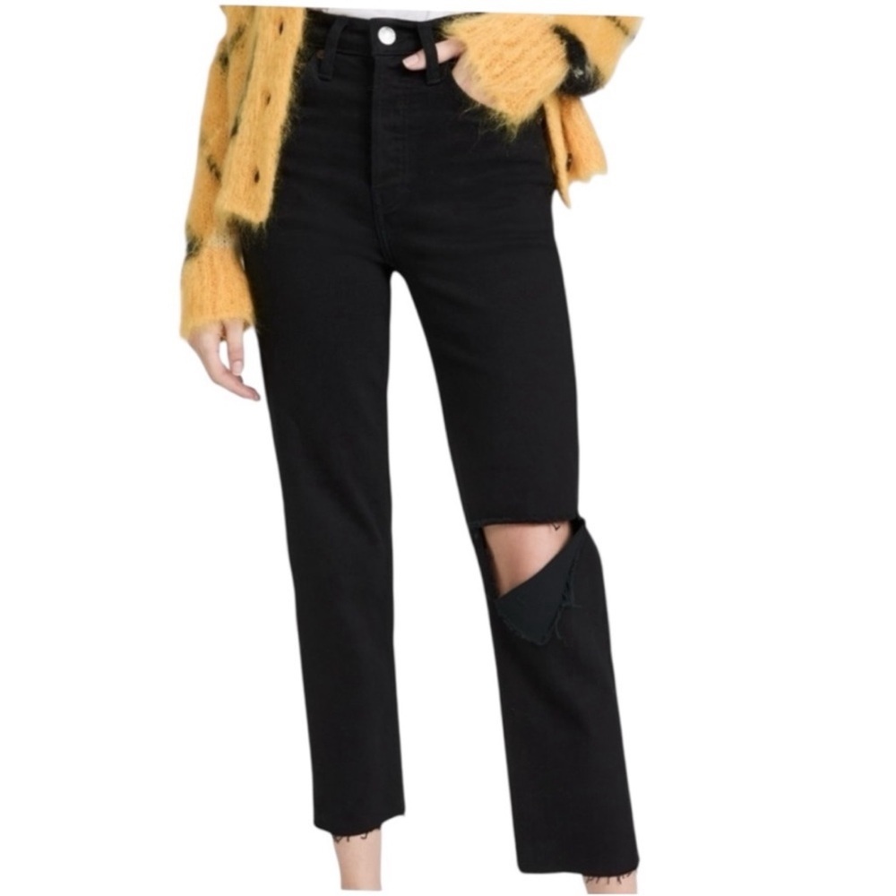 RE/DONE Retro 70s Stovepipe Denim Jeans Button Fly Noir With Rip SZ 25